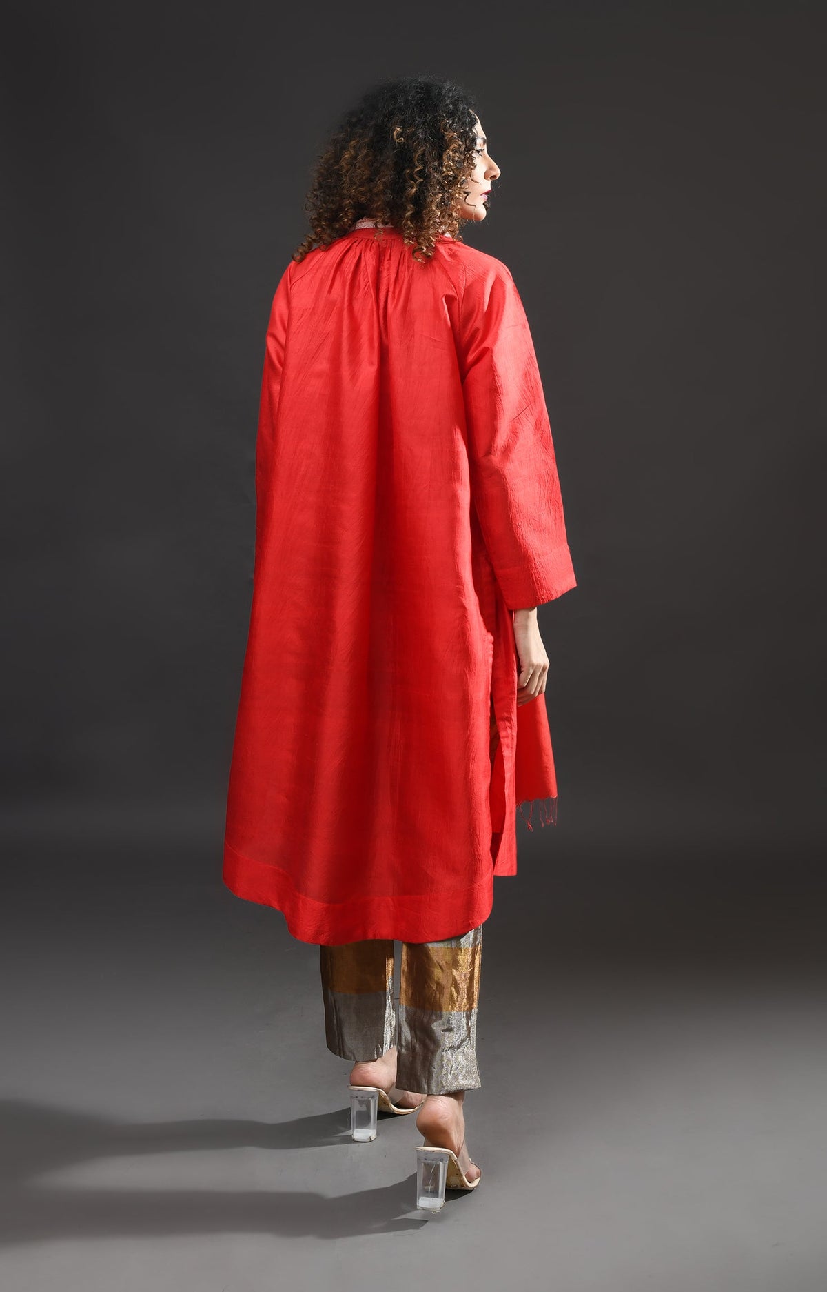 Crimson mulberry silk neck gather kurta paired with tissue pants set of for women