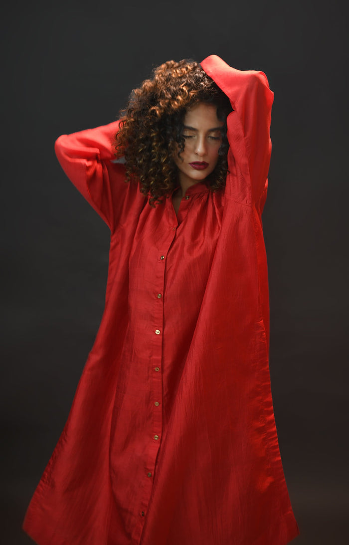 Crimson mulberry silk neck gather kurta paired with tissue pants set of for women