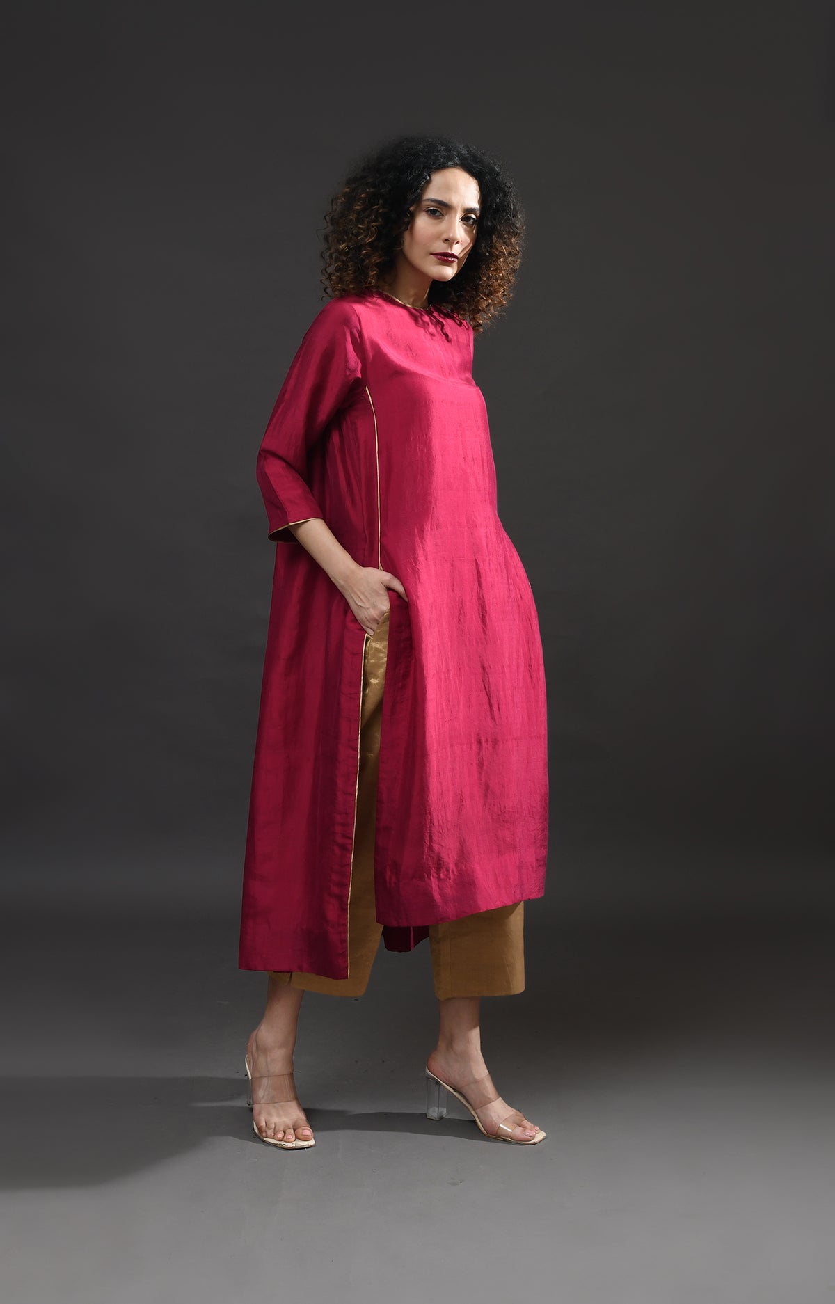 Wine pink mulberry silk back gather kurta with tissue dupatta set