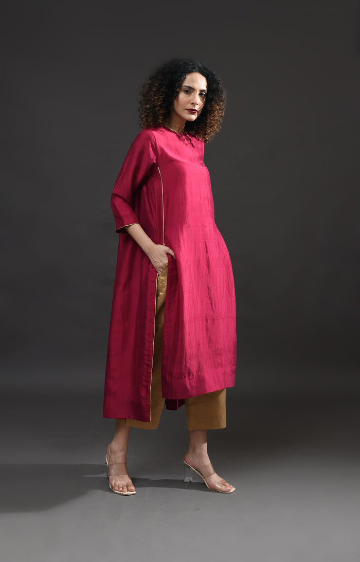 Wine pink mulberry silk back gather kurta with tissue dupatta set