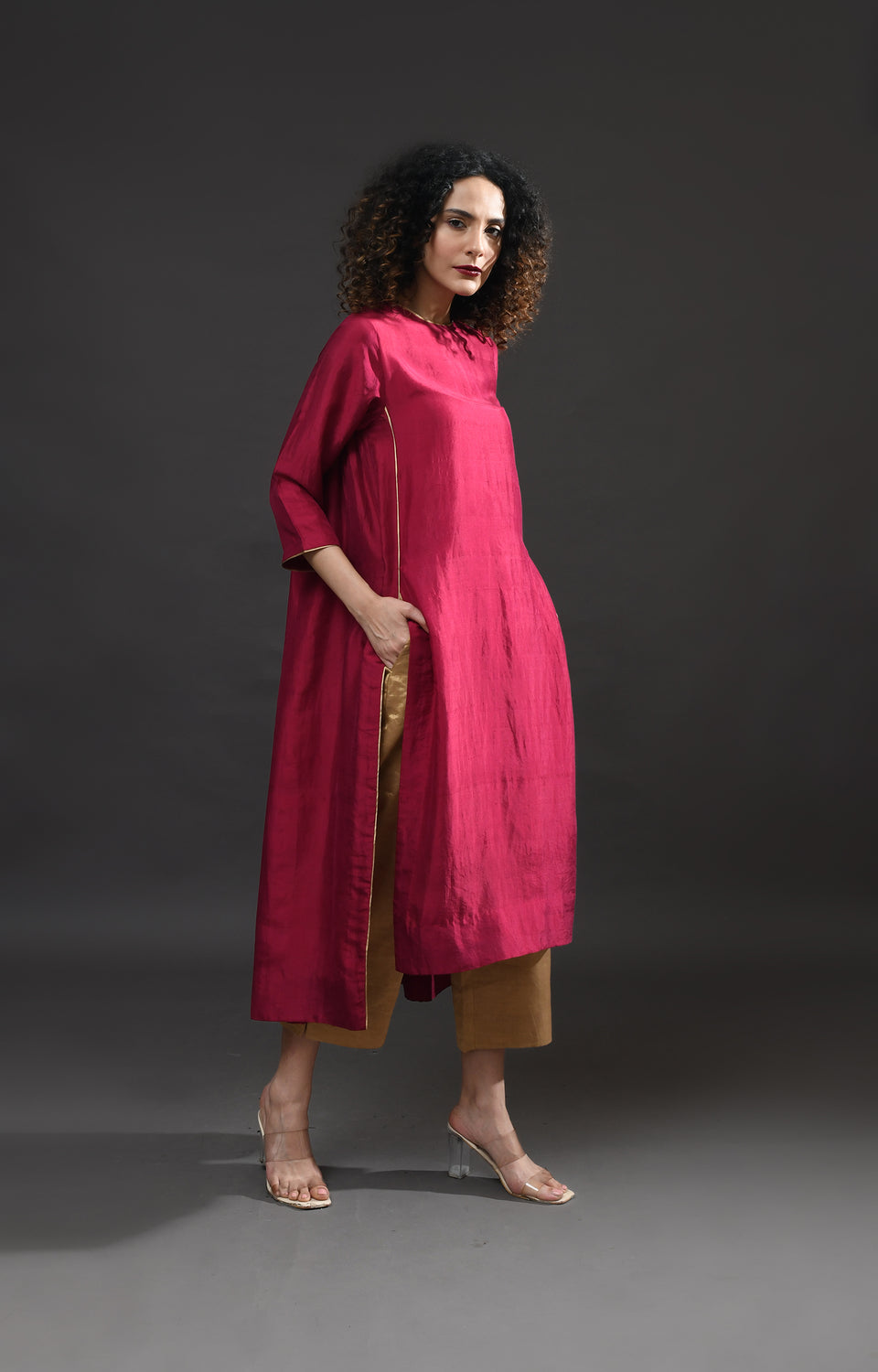 Wine pink mulberry silk back gather kurta with tissue dupatta set