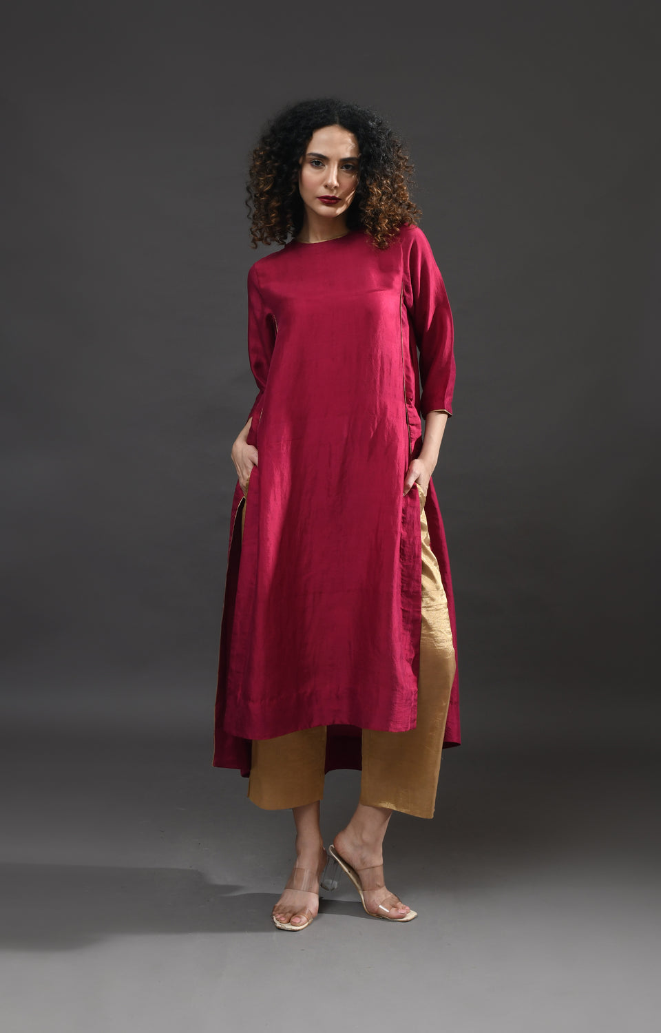 Wine pink mulberry silk back gather kurta with tissue dupatta set