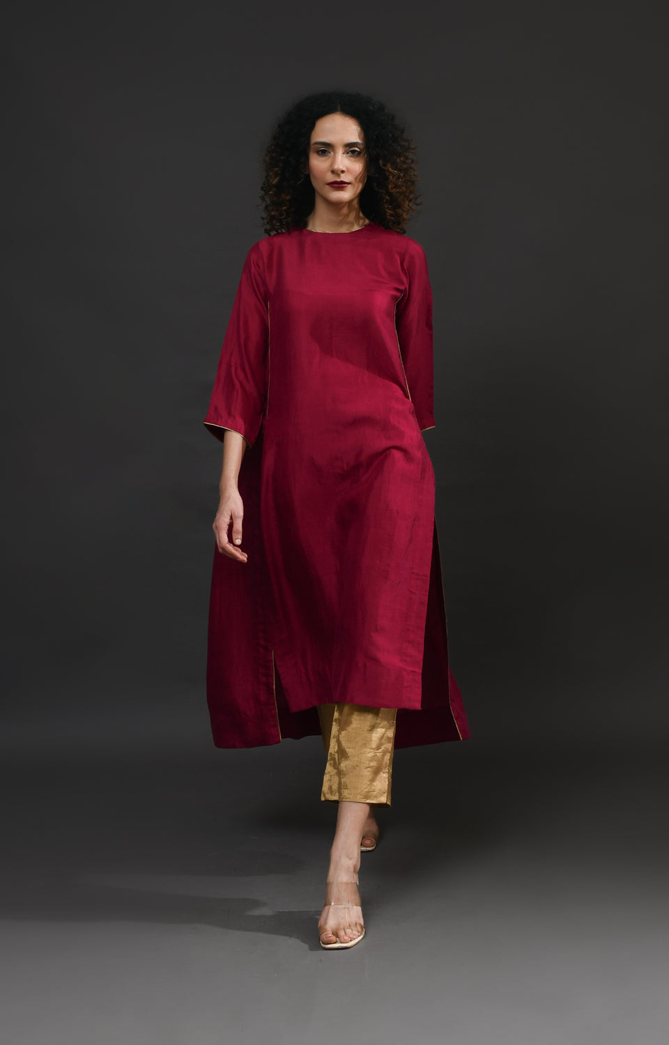 Wine pink mulberry silk back gather kurta with tissue dupatta set