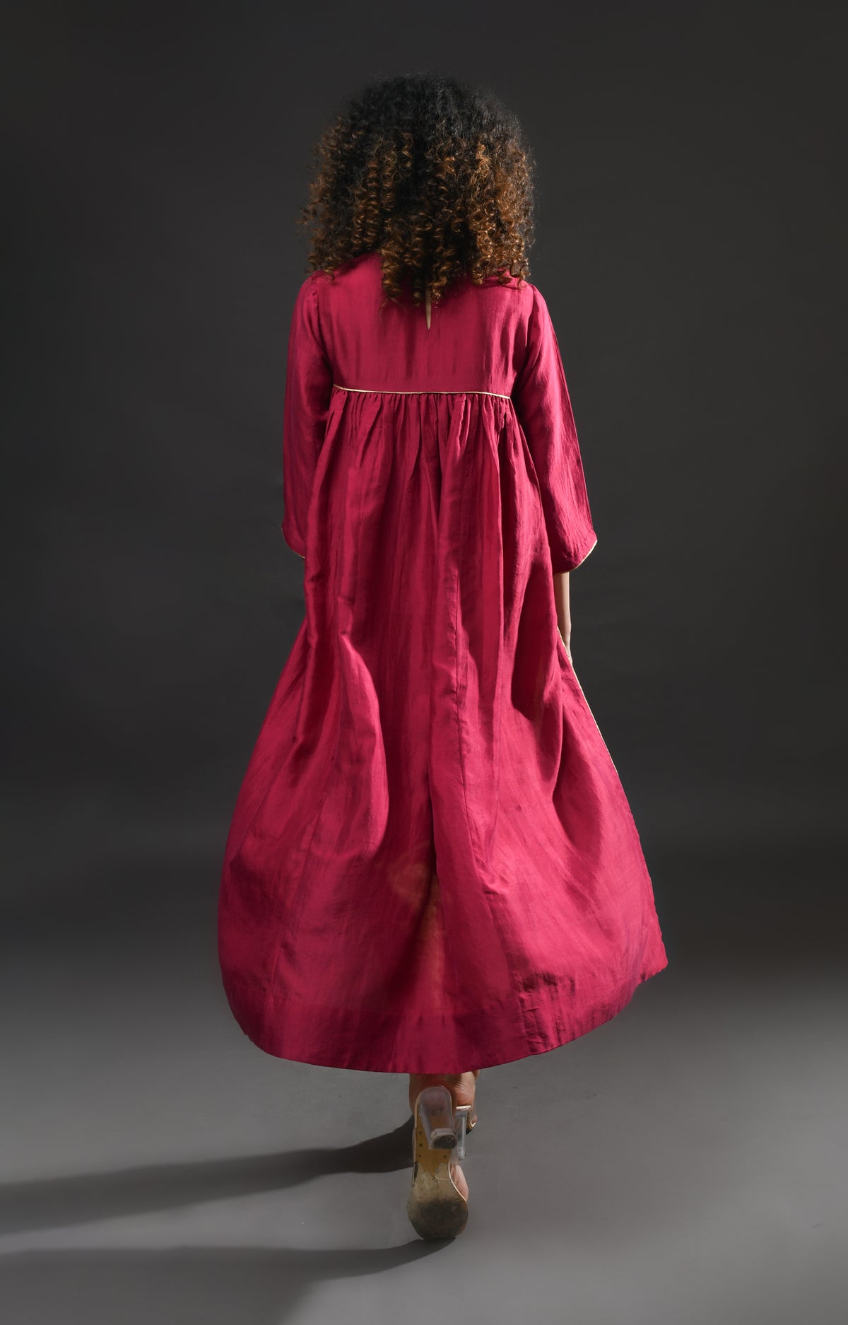 Wine pink mulberry silk back gather kurta with tissue dupatta set