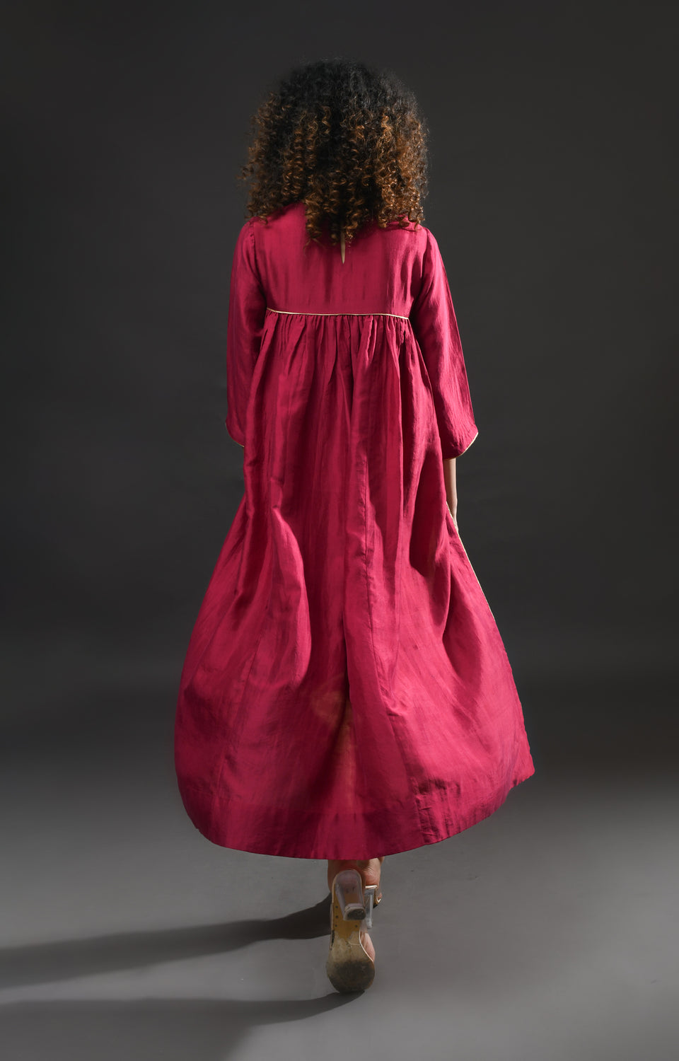 Wine pink mulberry silk back gather kurta with tissue dupatta set