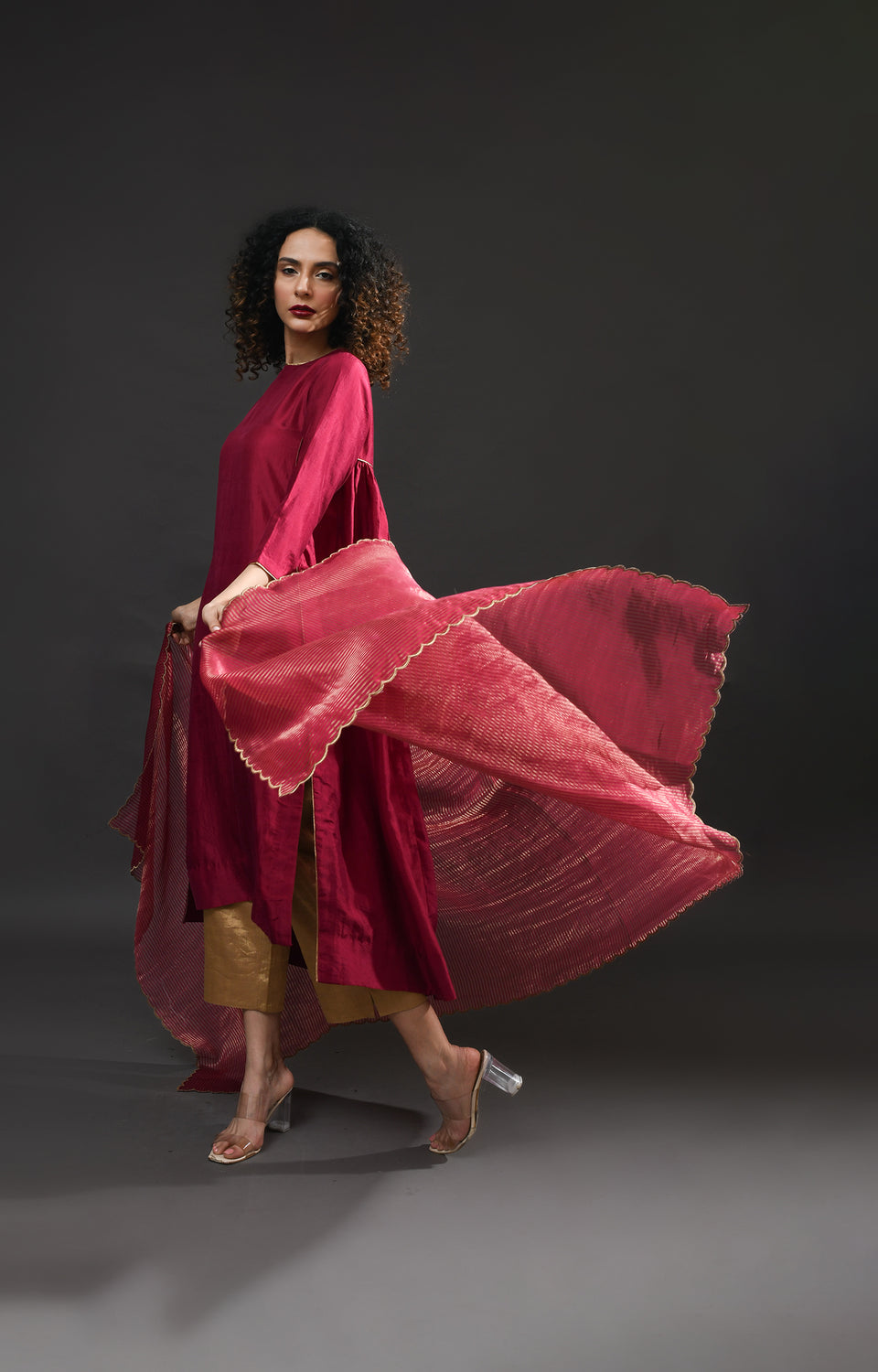 Wine pink mulberry silk back gather kurta with tissue dupatta set