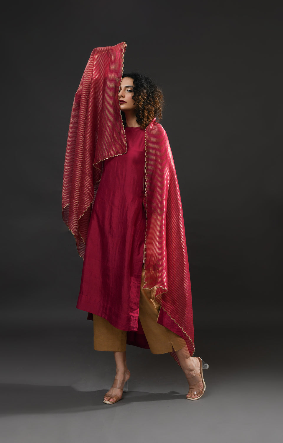 Wine pink mulberry silk back gather kurta with tissue dupatta set