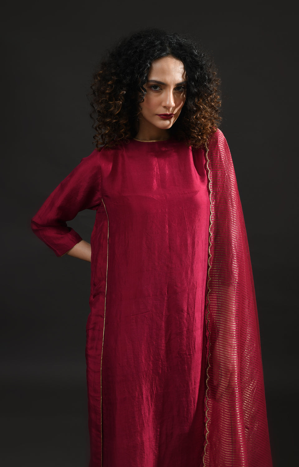 Wine pink mulberry silk back gather kurta with tissue dupatta set