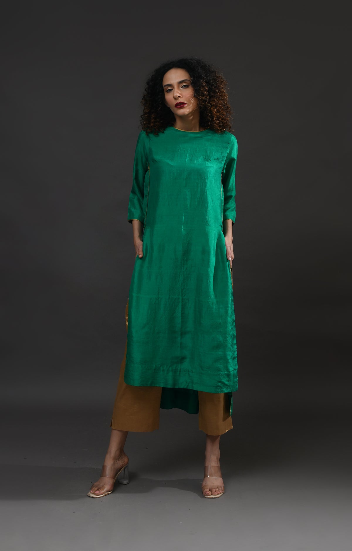 Emerald green mulberry silk back gather kurta with tissue dupatta set