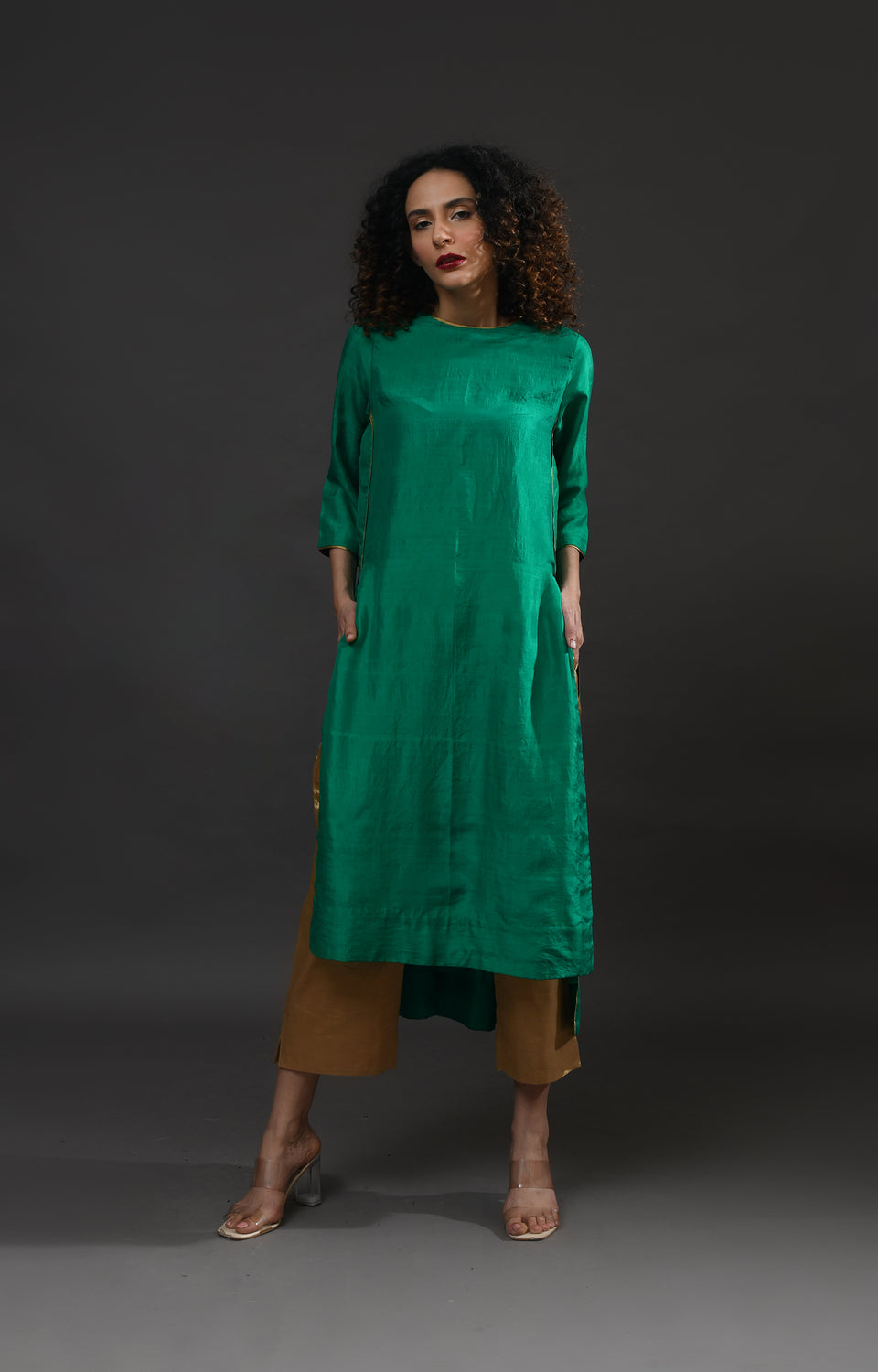 Emerald green mulberry silk back gather kurta with tissue dupatta set