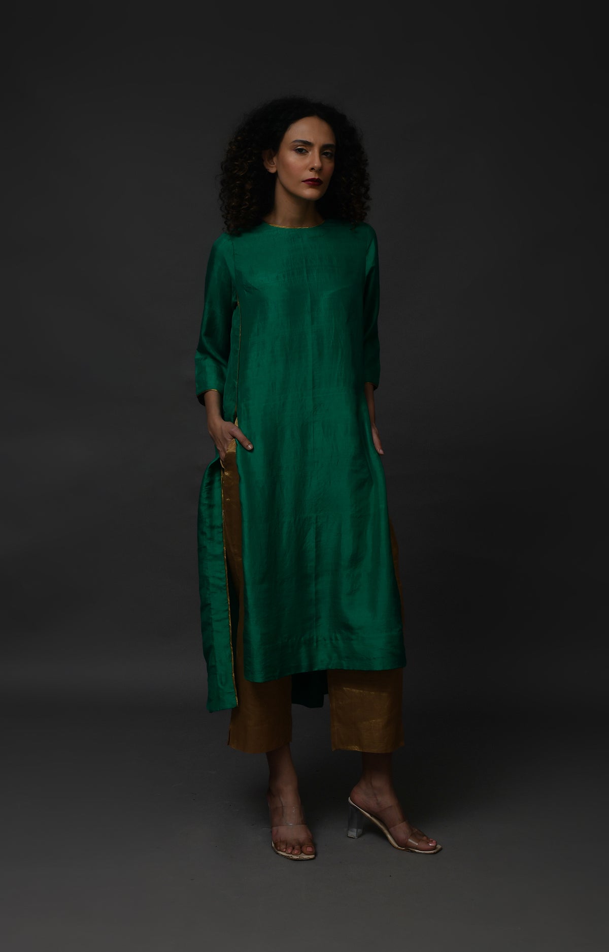 Emerald green mulberry silk back gather kurta with tissue dupatta set