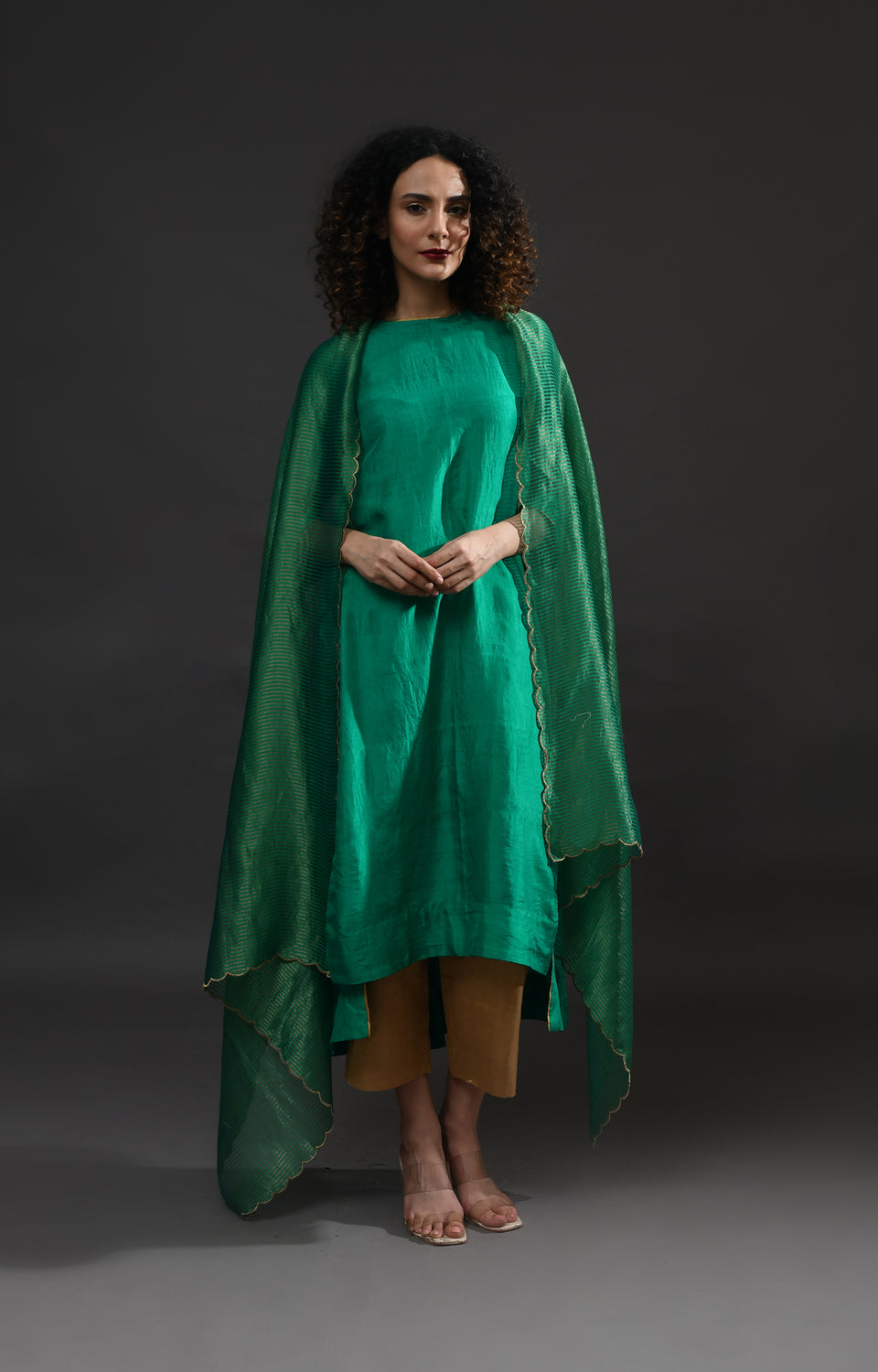 Emerald green mulberry silk back gather kurta with tissue dupatta set