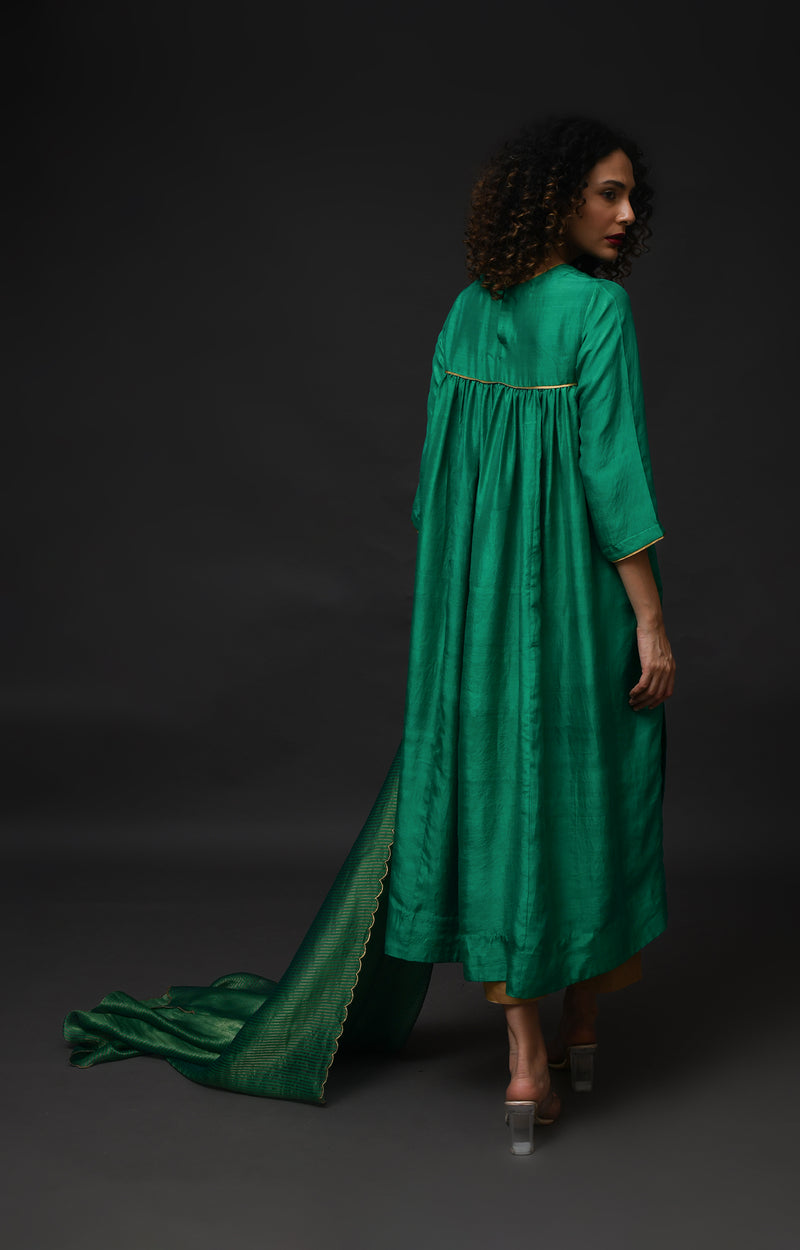 Emerald green mulberry silk back gather kurta with tissue dupatta set