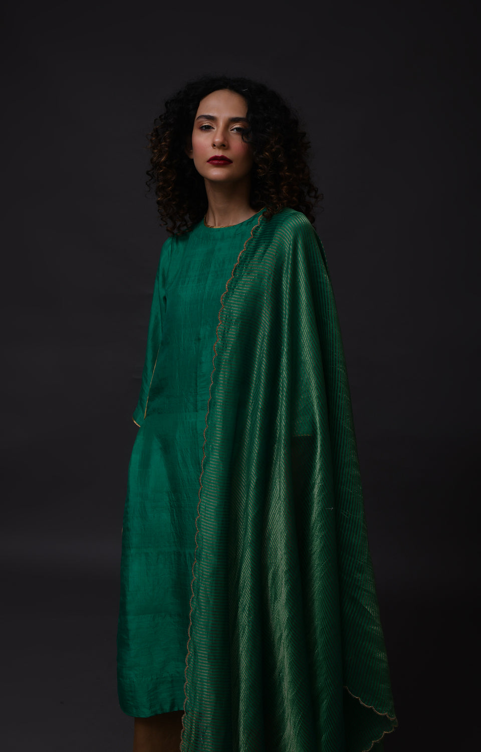 Emerald green mulberry silk back gather kurta with tissue dupatta set