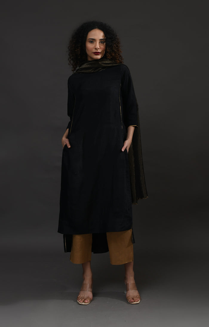 Black mulberry silk back gather kurta with tissue dupatta set