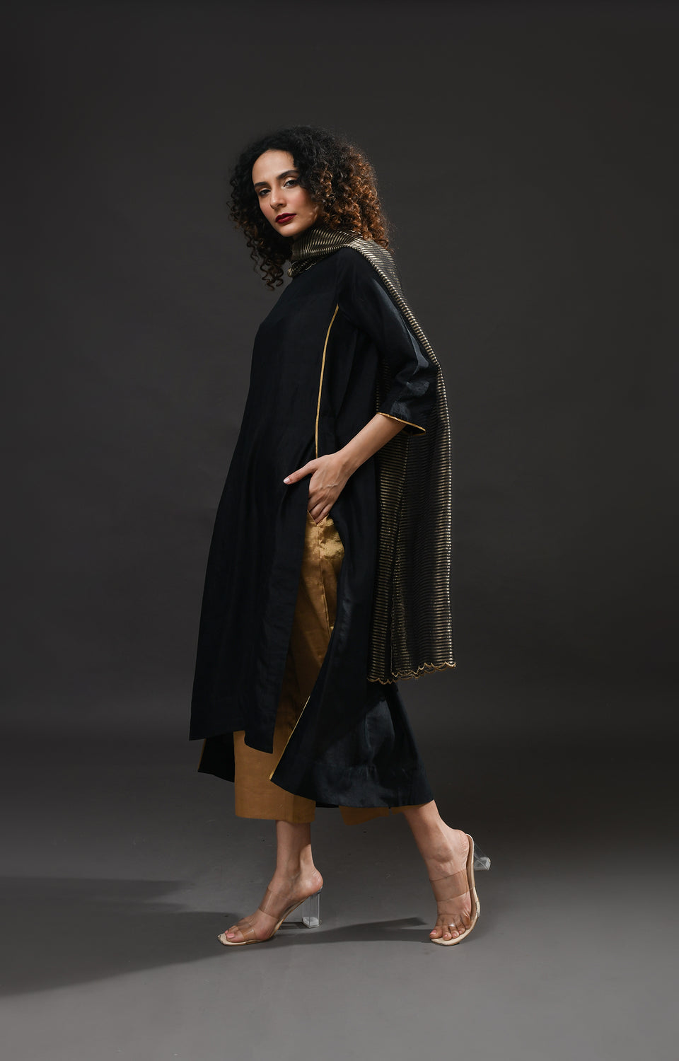 Black mulberry silk back gather kurta with tissue dupatta set