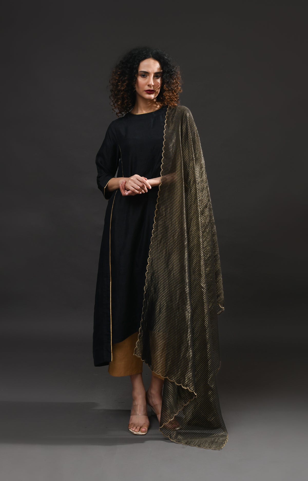 Black mulberry silk back gather kurta with tissue dupatta set