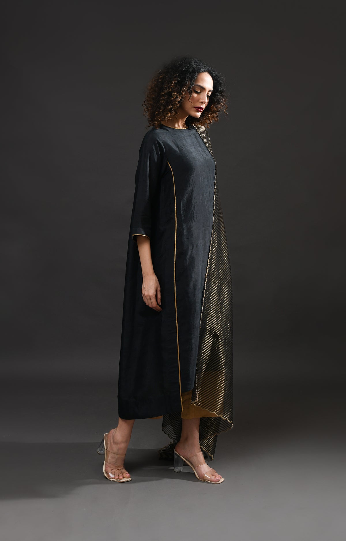 Black mulberry silk back gather kurta with tissue dupatta set