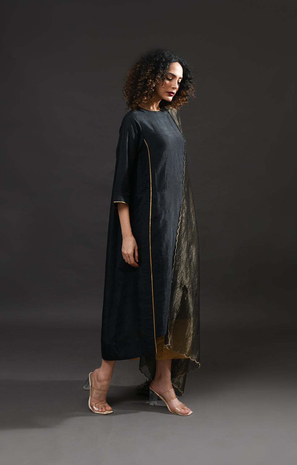 Black mulberry silk back gather kurta with tissue dupatta set