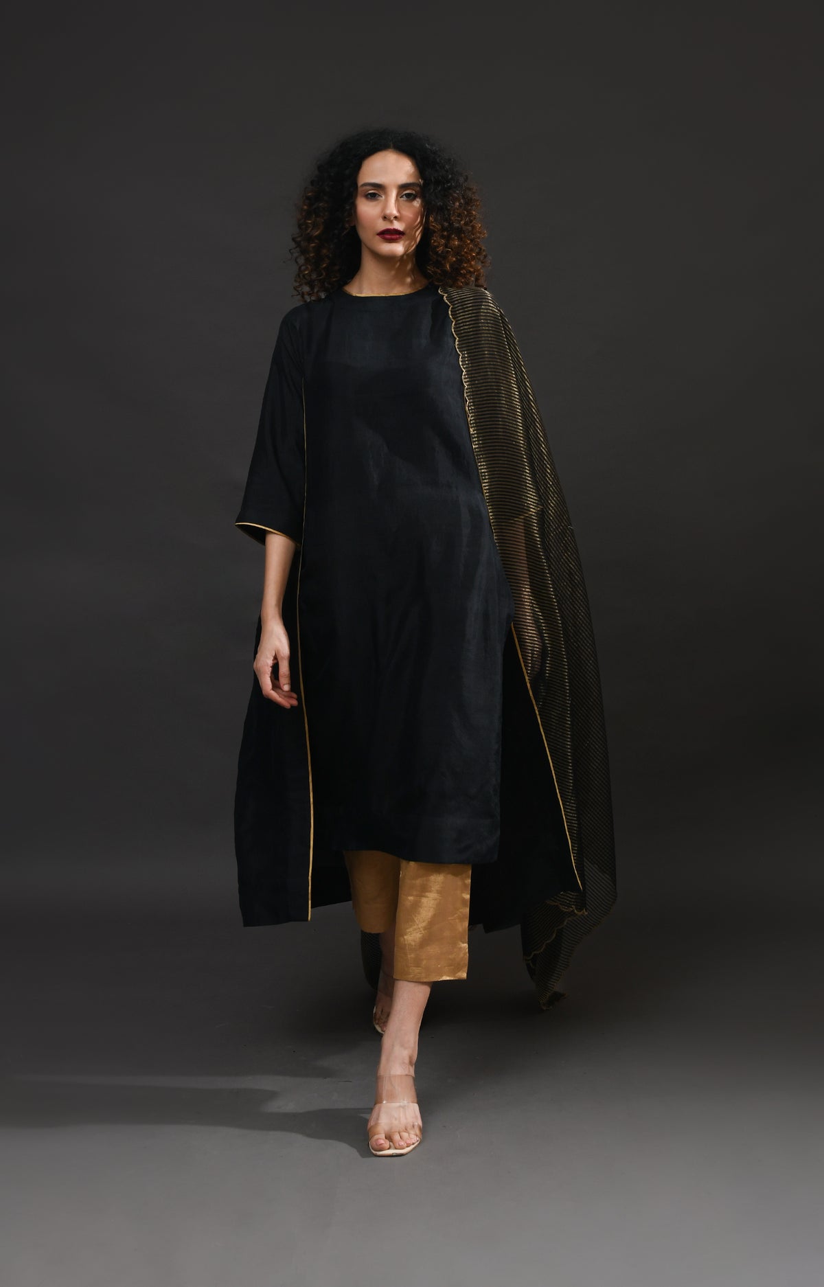 Black mulberry silk back gather kurta with tissue dupatta set