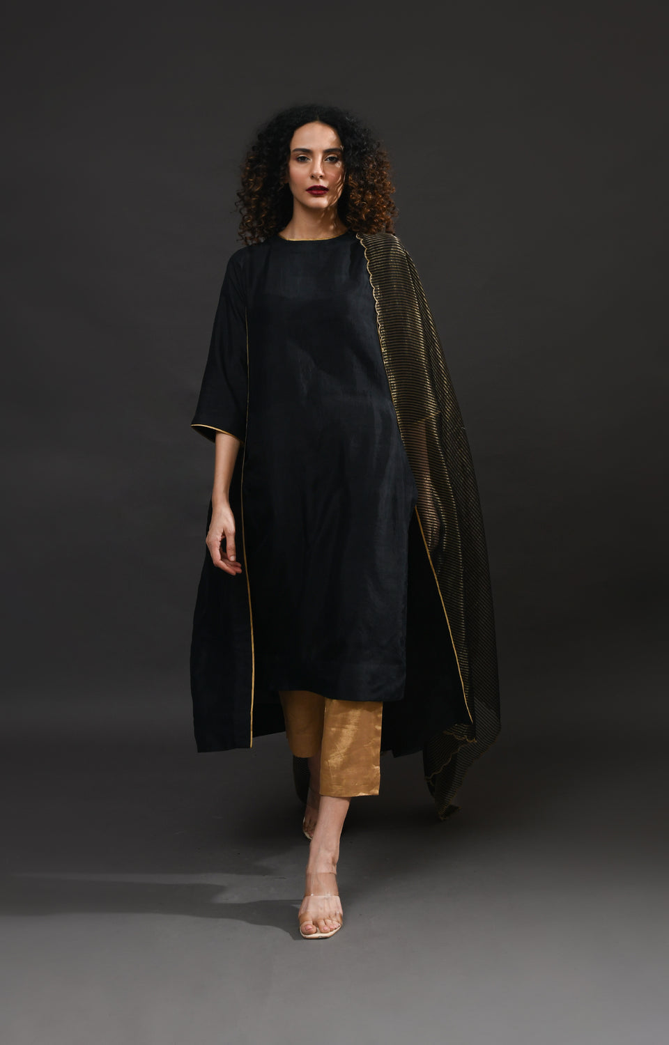 Black mulberry silk back gather kurta with tissue dupatta set