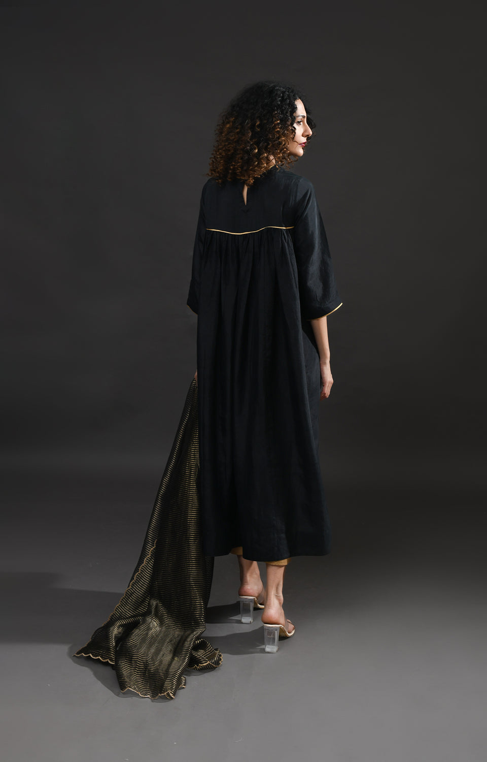 Black mulberry silk back gather kurta with tissue dupatta set