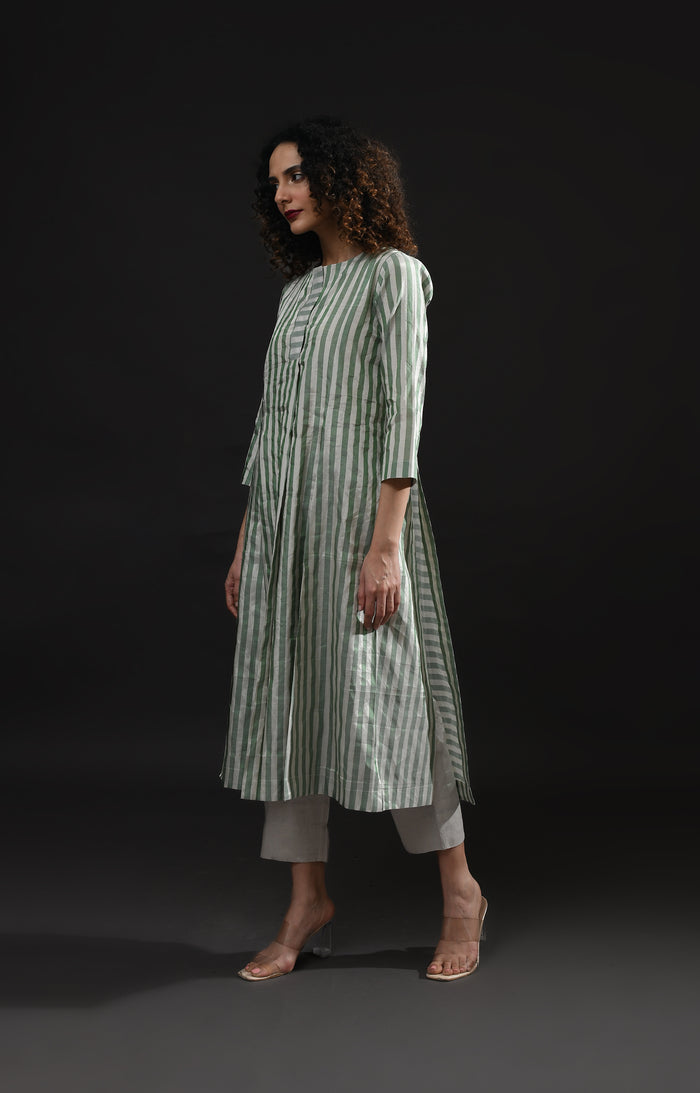 Silver green striped tissue front slit back panel co-ord set