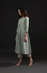 Front Slit & Back Panel Striped Tissue Co-Ord (Set of 2)- Silver and Green