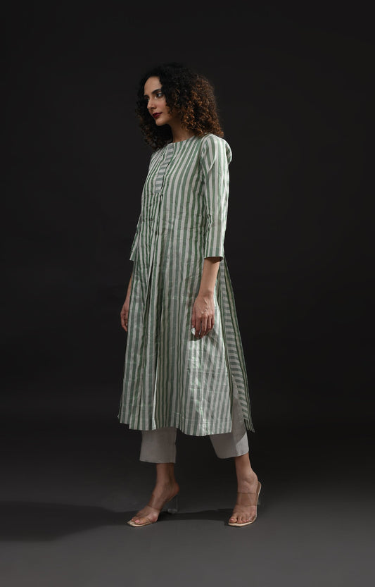 Front Slit & Back Panel Striped Tissue Kurta- Silver and Green