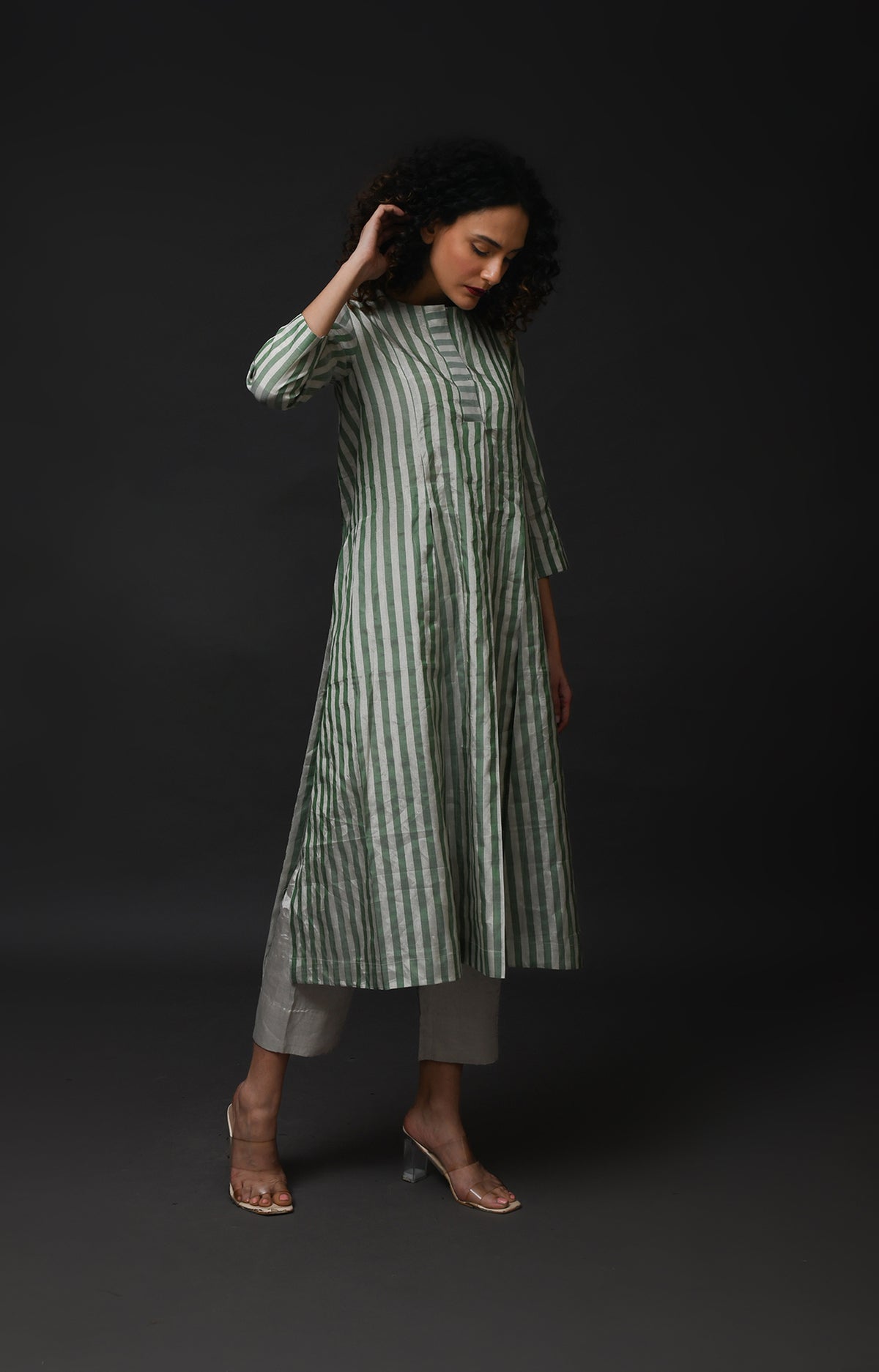 Silver green striped tissue front slit back panel co-ord set
