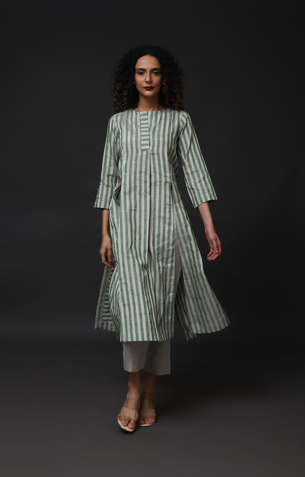 Silver green striped tissue front slit back panel co-ord set
