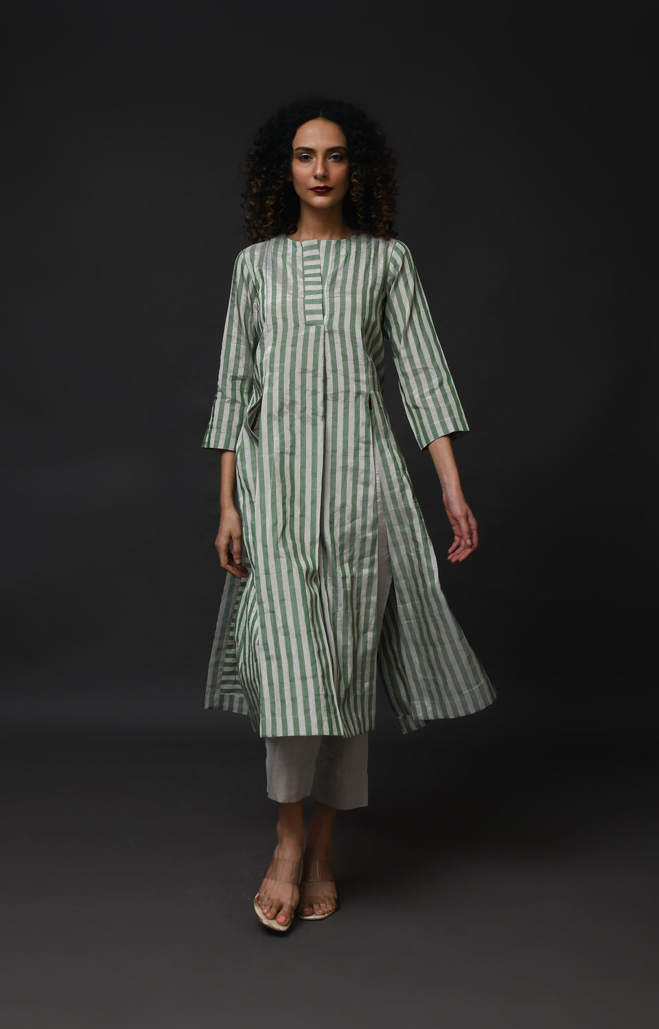 Silver green striped tissue front slit back panel co-ord set