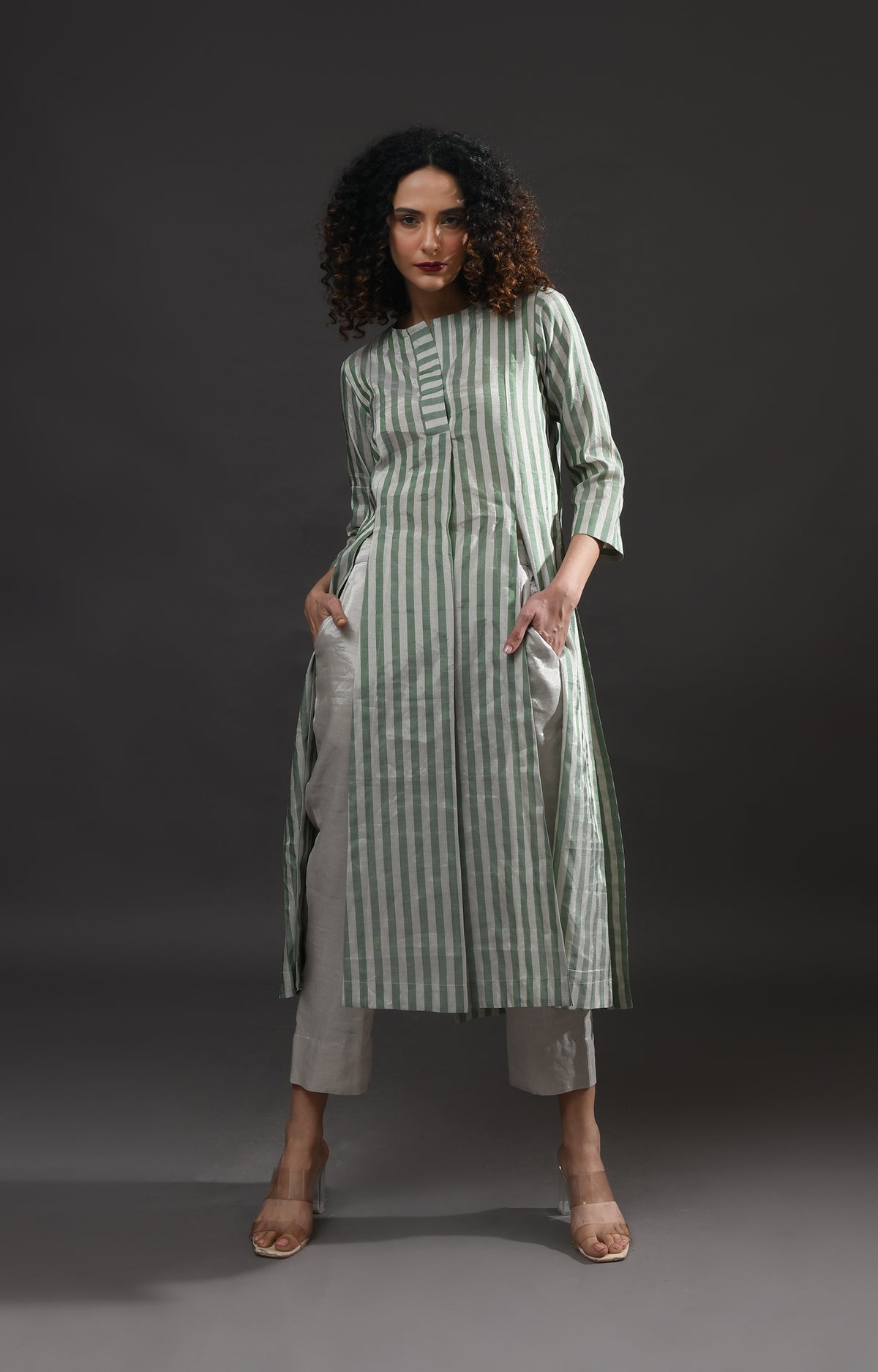 Silver green striped tissue front slit back panel co-ord set