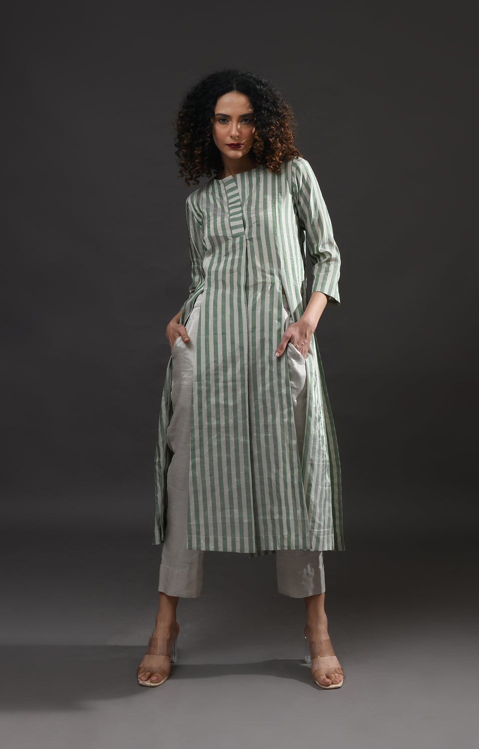 Silver green striped tissue front slit back panel co-ord set