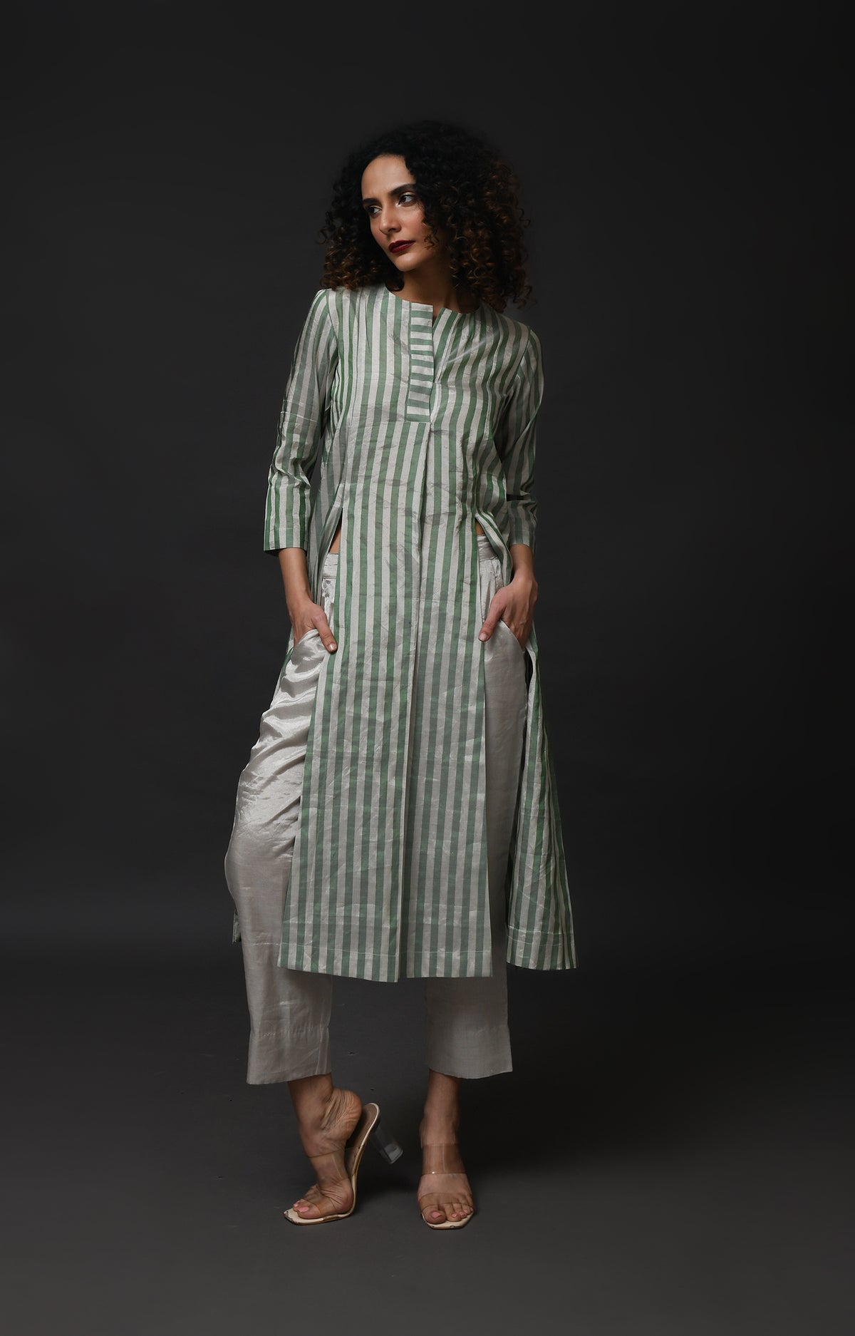 Silver green striped tissue front slit back panel co-ord set