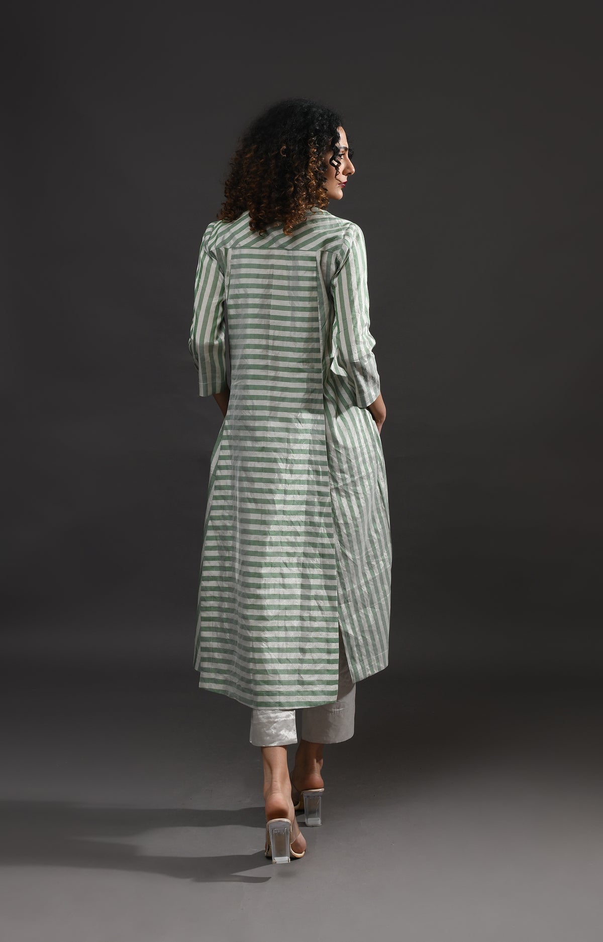 Silver green striped tissue front slit back panel co-ord set