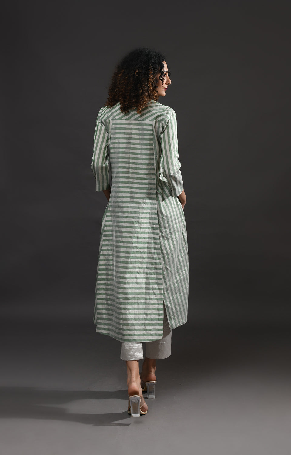 Silver green striped tissue front slit back panel co-ord set