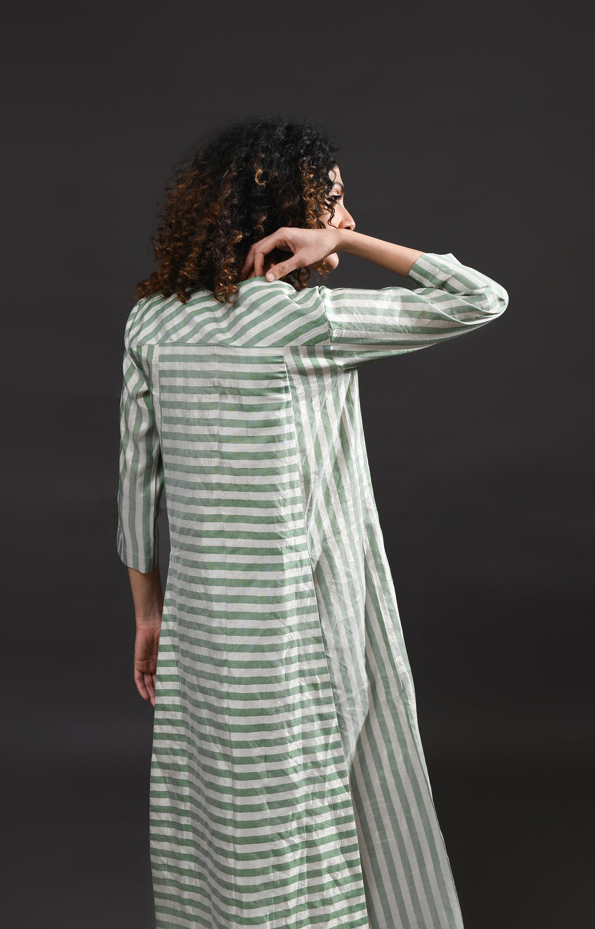 Silver green striped tissue front slit back panel co-ord set