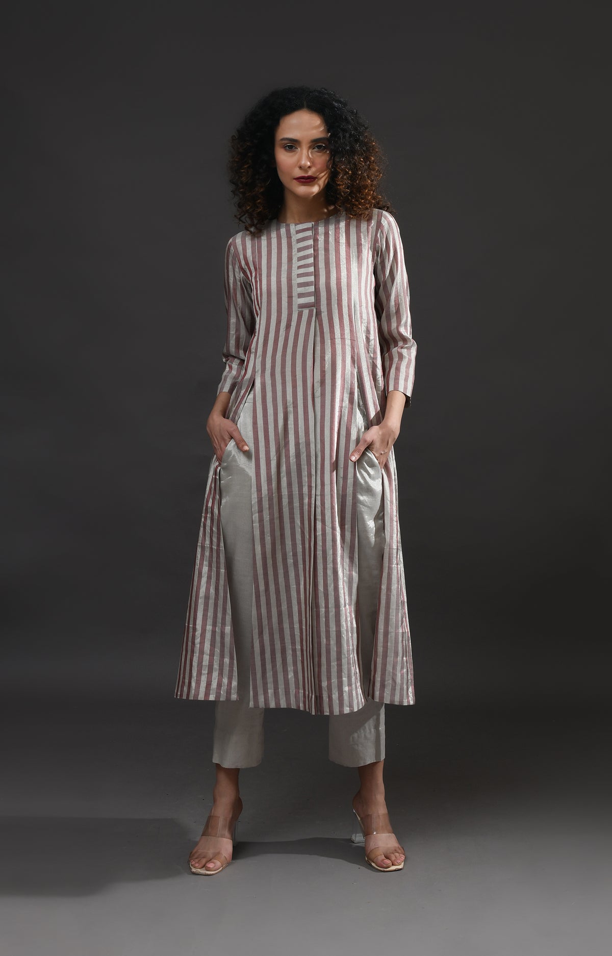 Silver pink front back panel striped tissue co-ord set - ethnic wear
