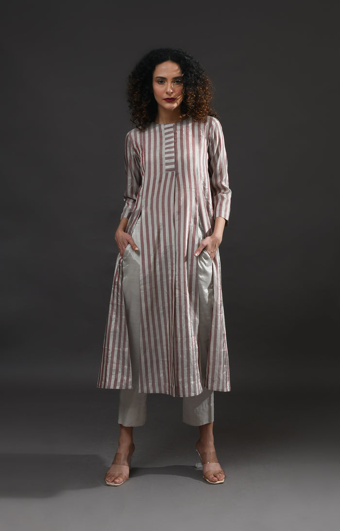 Silver pink front back panel striped tissue co-ord set - ethnic wear