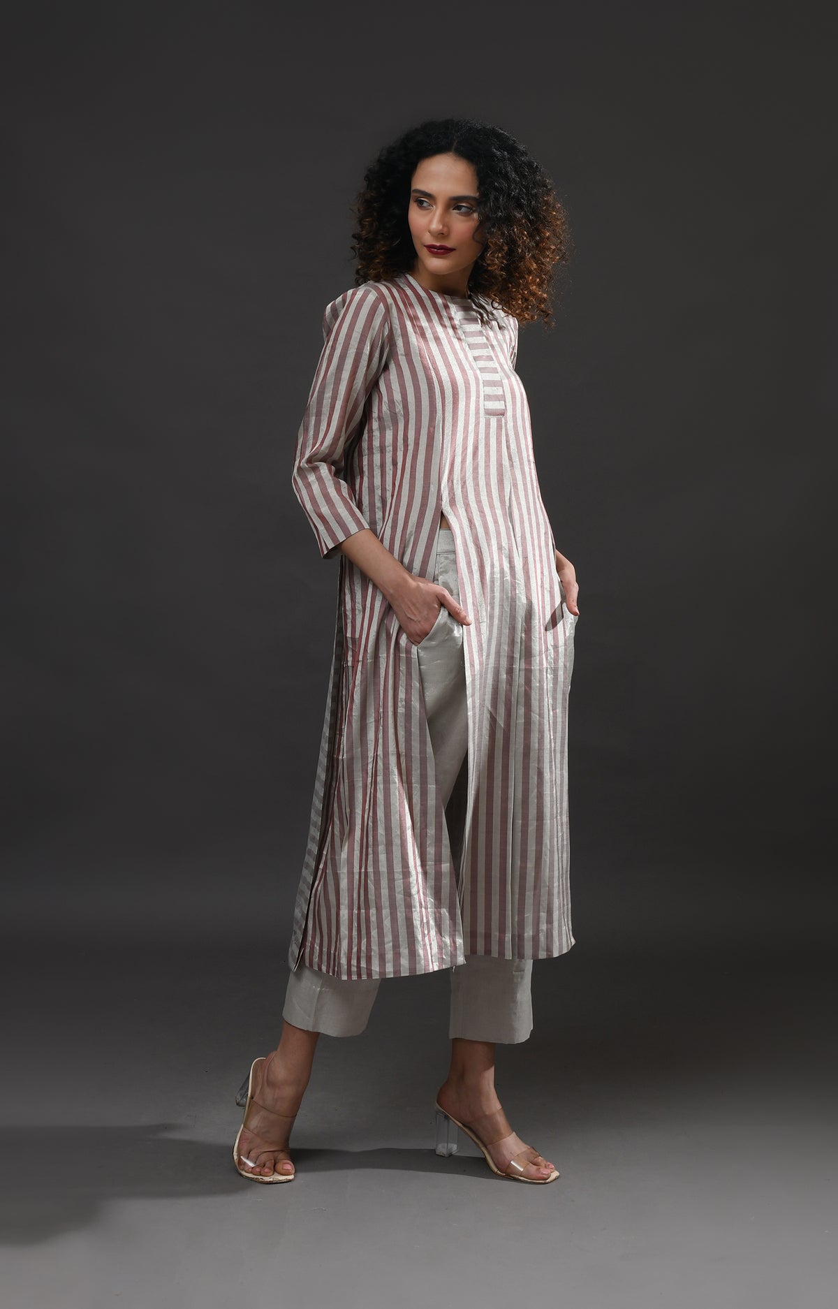 Silver pink front back panel striped tissue co-ord set - ethnic wear