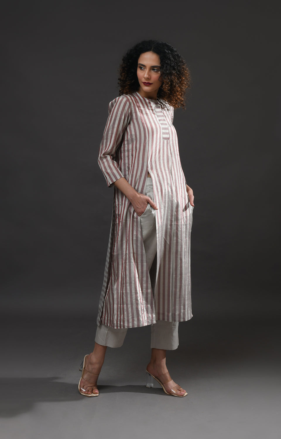 Silver pink front back panel striped tissue co-ord set - ethnic wear