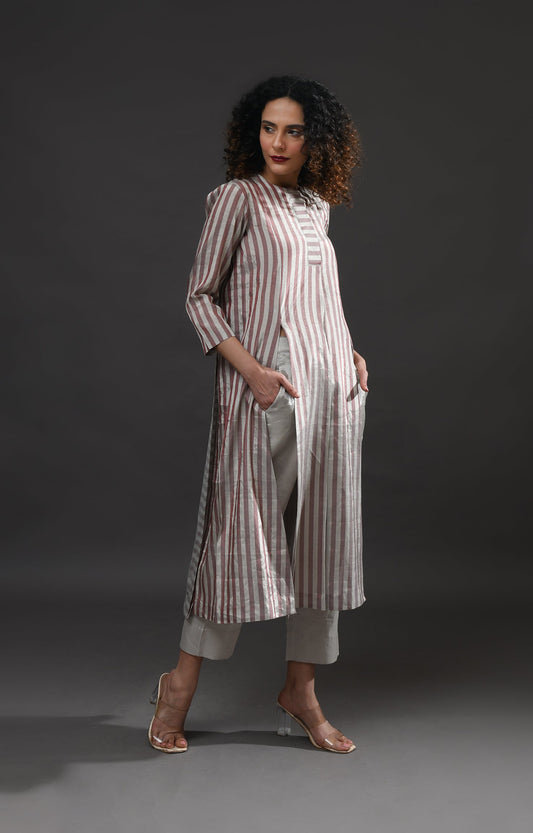 Front and Back Panel Striped Tissue Kurta- Silver and Pink