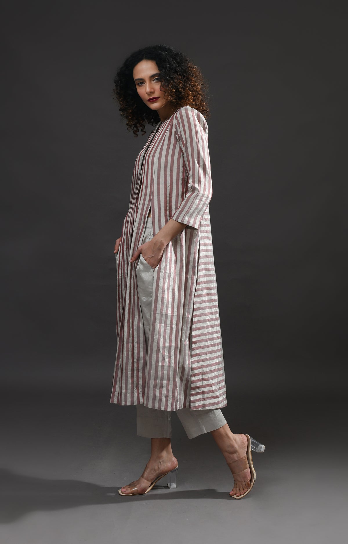 Silver pink front back panel striped tissue co-ord set - ethnic wear