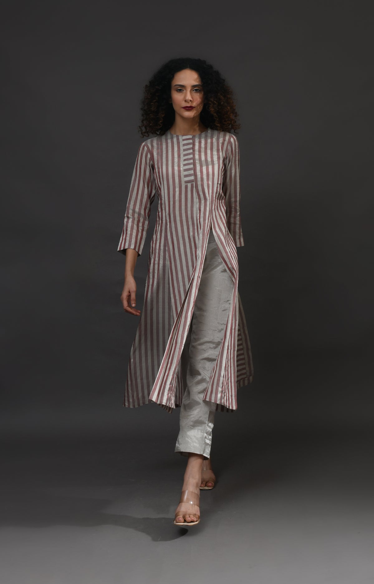 Silver pink front back panel striped tissue co-ord set - ethnic wear