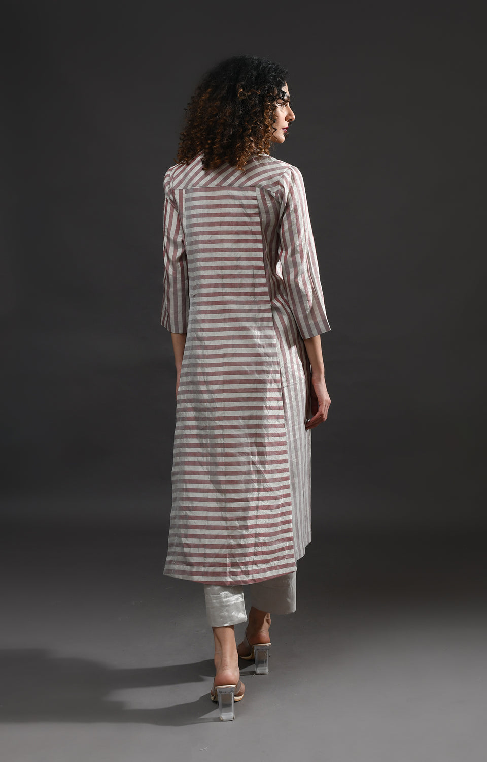 Silver pink front back panel striped tissue co-ord set - ethnic wear