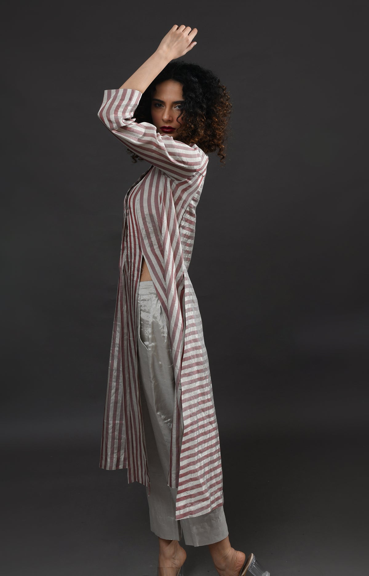 Silver pink front back panel striped tissue co-ord set - ethnic wear