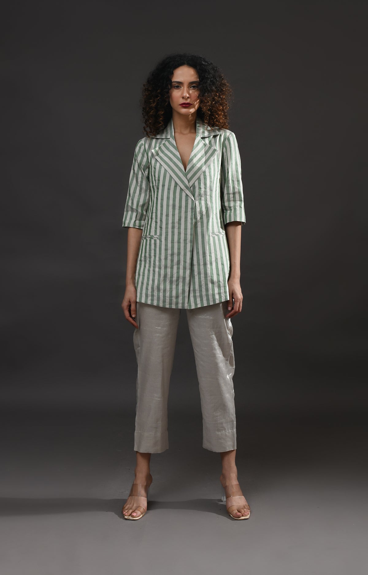 Silver and green striped tissue blazer co-ord set of 2 for women – Hiranya