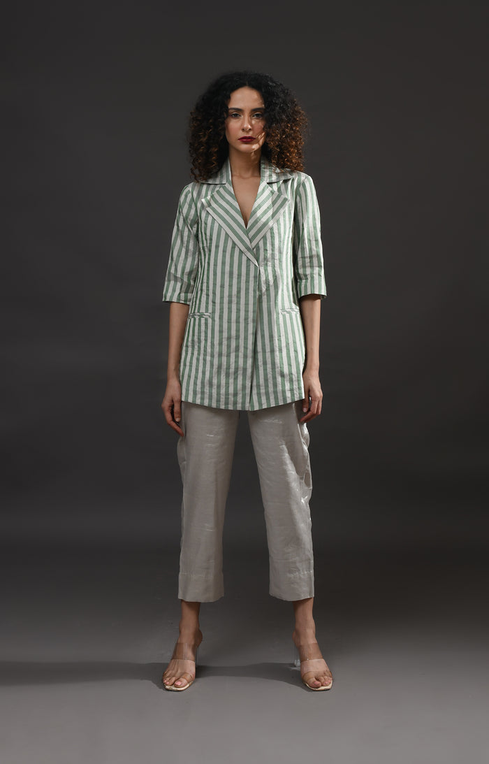 Silver and green striped tissue blazer co-ord set of 2 for women – Hiranya