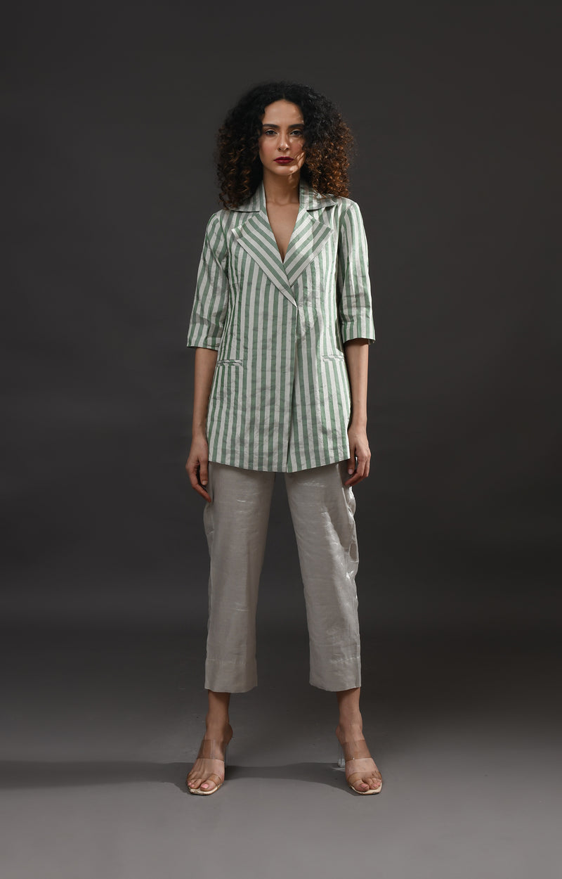 Silver and green striped tissue blazer co-ord set of 2 for women – Hiranya